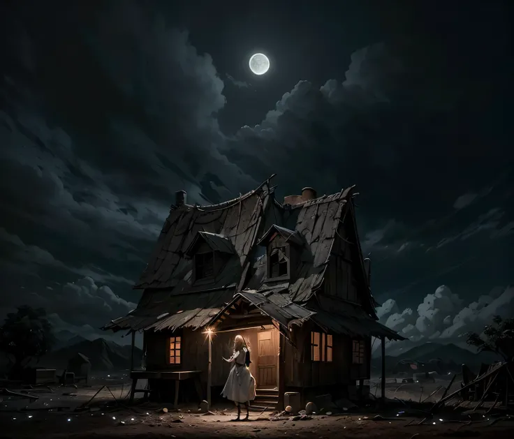 foto realista de uma casa velha e abandonada, crie uma noite fria e escura, estrada de pedra quebrada, cercas antigas, poor lighting, old trees with dry branches, Dried leaves on the ground, mistborn, nuvens pesadas, Small moon in the sky, lighting of old ...