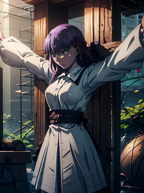 highest quality，masterpiece，UHD, Super detailed, 8K，(Beautiful woman)，一人のBeautiful woman，((crucifixion))，cross，(execution)，incontinence，scared，torture，slave，((crossにcrucifixionにされた女性：1.5))