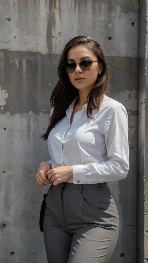 23 year lady, big thighs, in mafia dress, serous look, straight pose, ultrarealistic,The image shows a woman wearing a black suit and sunglasses standing in front of a concrete wall. The woman is wearing a black suit with a white shirt underneath and black...