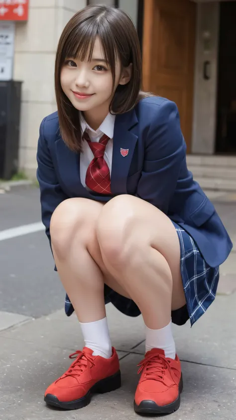 歩道でsquatting downpretty girl,red tie uniform,dark blue closed blazer,blue plaid mini skirt,18-year-old,bangs,a little smile,thighs,knees,from below，random pose，pretty girl，slender girl，squatting down，