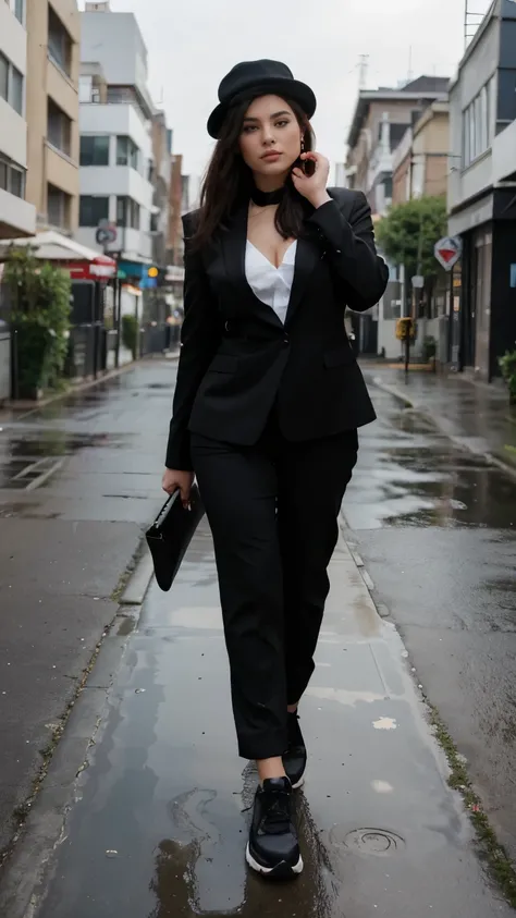 23 year lady, big thighs, in mafia dress, serous look, straight pose, ultrarealistic, The image shows a woman wearing a black suit and hat, walking down a street. The suit has a black lapel and black pants with a wide leg. The hat has a wide brim and a bla...