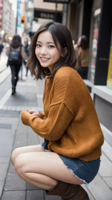 Photo taken by a professional photographer，laughter:1.5，Close-up of a 25-year-old Japanese woman squatting on the sidewalk, wearing a sweater, Short-cut brown hair, hair is disheveled，young and cute girl, wear a miniskirt:1.5，Wear stylish boots，Fancy makeu...