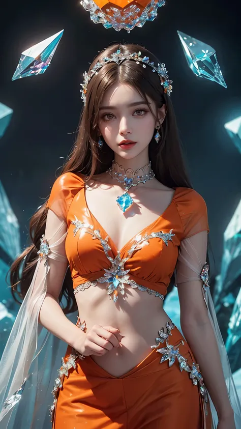 1 girl, good face, ultra long hair, detailed eyes, detailed lips, small breasts, (crystal outfit:1.5), translucent lace, (crystal ornament:1.5), (orange crystal outfit :1.5), Take photos by the crystal, ultra-realistic realism, color field printing, high d...