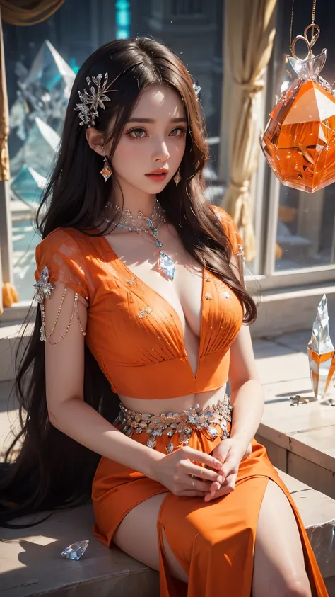 1 girl, good face, ultra long hair, detailed eyes, detailed lips, small breasts, (crystal outfit:1.5), translucent lace, (crystal ornament:1.5), (orange crystal outfit :1.5), Take photos by the crystal, ultra-realistic realism, color field printing, high d...