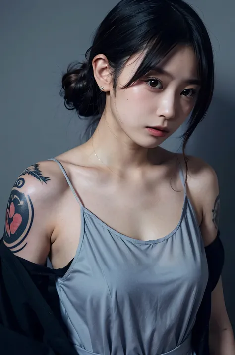 Japanese 20 years old , baby face , cute , japanese mafia , Yakuza , No sleeve , slip dress , Yakuza Tattooed , back tattoo , full body tattoo
