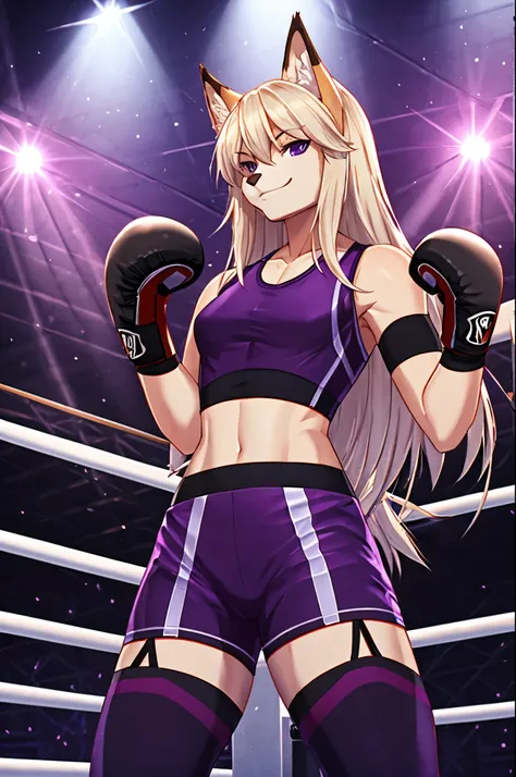 Detailed image, arrogant fox with fluffy fur, arrogant smile, long light hair, in a dark purple expensive crop top, in expensive high-waisted sports pants, in sports stockings, wearing boxing gloves, stands absolutely alone in the boxing ring in a calm pos...