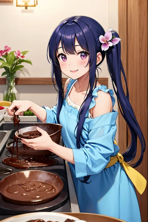 A kitchen full of orchid flowers、A pet dog and a girl、blue long hair、Hair style is twin tails、A happy smile、yellow costume and floral apron、making chocolate for valentine、