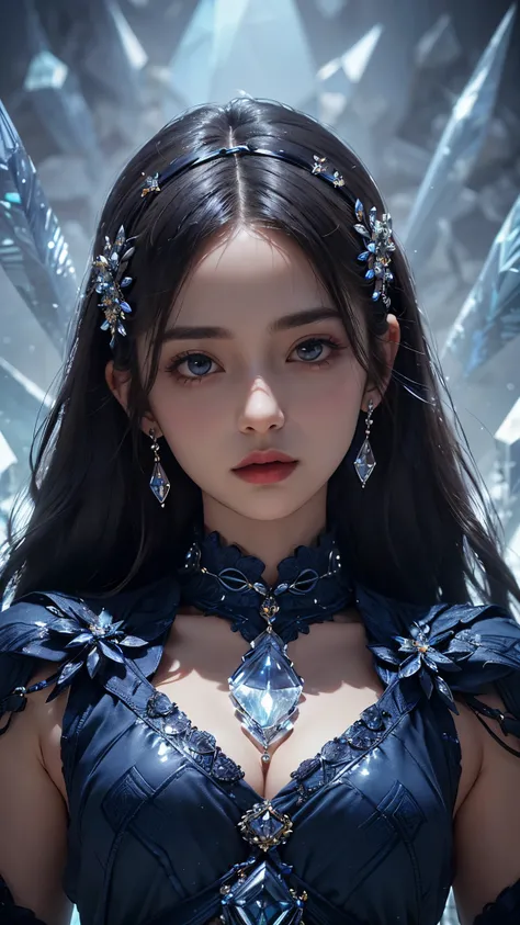 1 girl, good face, ultra long hair, detailed eyes, detailed lips, small breasts, (crystal outfit:1.5), translucent lace, (crystal ornament:1.5), (indigo crystal outfit :1.5), Take photos by the crystal, ultra-realistic realism, color field printing, high d...