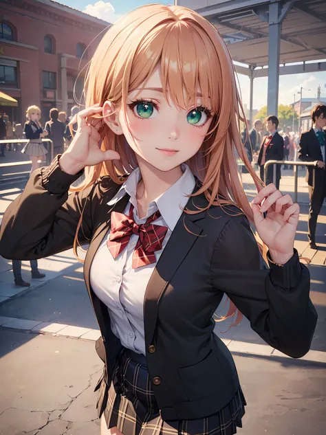 ((masterpiece, best quality, highres, UHD, perfect pixel, depth of field, 4k, RTX, HDR))), 1girl, single, solo, beautiful anime girl, beautiful artstyle, anime character, ((long hair, bangs, brown hair, curly hair:0.5)), ((green eyes:1.4, rounded eyes, bea...