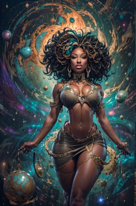 An image of a voluptuous dark-skinned woman with thick thighs, harnessing the power of the cosmos to manipulate the fabric of reality itself, amidst the swirling vortex of a cosmic nebula. Her curves are bathed in the cosmic energies of the universe, and h...