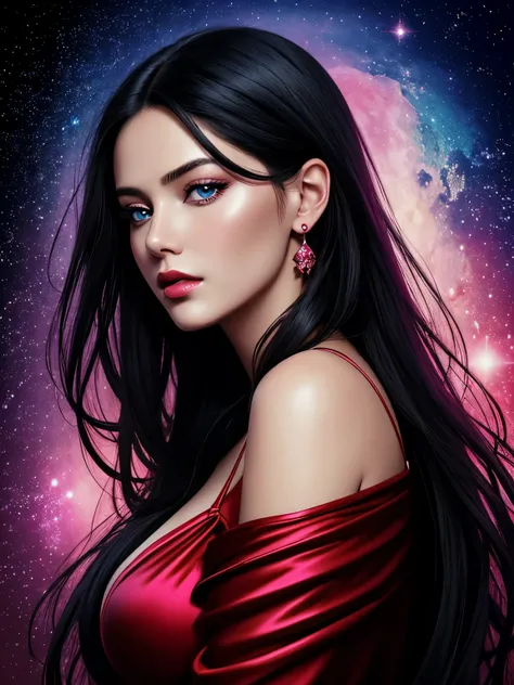 Portrait, beautiful woman with black hair and a silky red dress, hourglass figure, symmetrical figure, medium breasts, highly detailed face, beautiful face, calming blue eyes, lush pink lips, alluring, flirting with camera, stunning digital illustration, c...