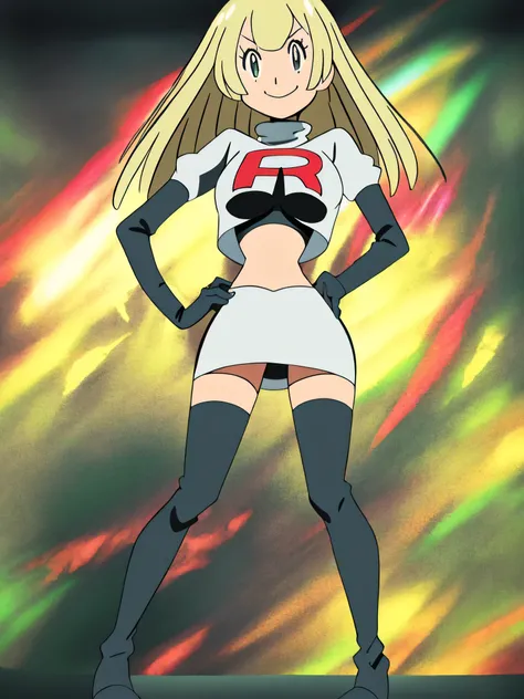 8k, anime screencap,1girl in, (solo:1.1), (perfect body:1.1), (best quality:1.1), very large breast, team rocket uniform, red letter r, white skirt,white crop top,black thigh-high boots, black elbow gloves, evil smile, looking down at viewer, hands on hips...