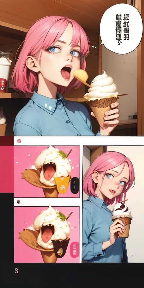 realistic, woman, Self snap, Wide mouth, lick, soft ice cream, face zoom