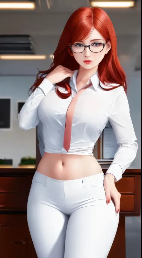 /draw (masterpiece, best quality), 8k, ultra-detailed, realistic photo, detailed face, perfect illumination, beautiful eyes, bright ginger hair, bright hair, beautiful legs, side photo, beautifull, cute, skin pores, 1girl, standind in office, hiking, offic...