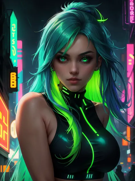 a close up of a beautiful woman, flowing long hair, glowing neon green hair, wearing glowing neon colour streetwear, cyberpunk theme, glowing neon, green colours, dynamic shot, dynamic pose, background cyberpunk cityscape, dramatic.