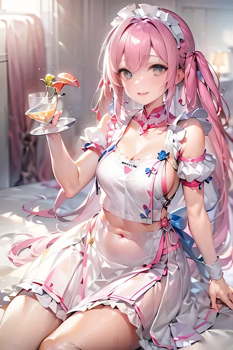 (photorealistic:1.5, highest quality,masterpiece,High resolution,muste piece),bedroom、pink hair、long hair、(((pink pleated skirt)))、(((Pink maid clothes))),choker、short sleeve、big breasts、belly button、Raise the skirt and comb it with your hands、Show white p...