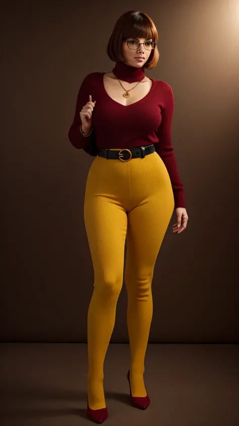 ((masterpiece, best quality, ultra-detailed, ultra-HD, photorealistic, cinematic)), (wide camera shot, full body view:1.5), (sensual pose, standing), (alluring and voluptuous female as Velma Dinkley:1.2), perfect anatomy, perfect face, proportioned hands, ...