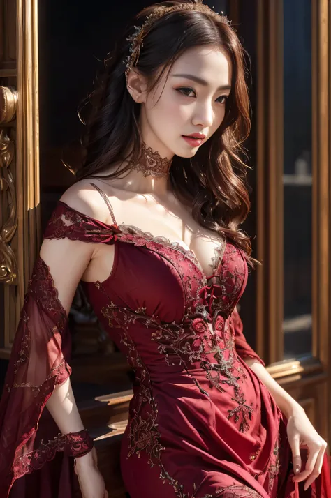 masterpiece、 sexy gothic dress、1 female、28 years old、delicate details, detailed background, (UHD, 8k wallpaper, High resolution), cinematic lighting, award-winning, highly detailed skin, highly detailed face, high detail eyes, realistic, 