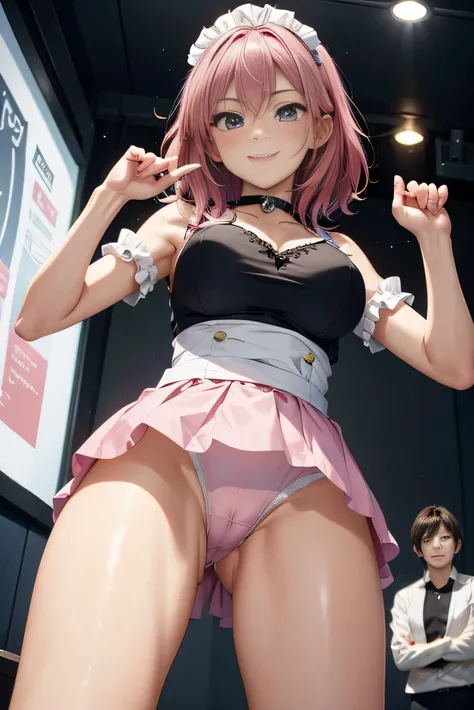 (photorealistic:1.5, highest quality,masterpiece,High resolution,muste piece),snow mountainに立つ1人の23歳の女性,bondage,(pink mini skirt,Pink maid clothes,choker), detailed eyes:1.7,detailed eyes:1.8,beautiful skin:1.8, (looking at the camera:1.2),(Photo seen from...