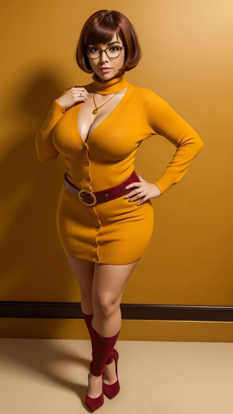 ((masterpiece, best quality, ultra-detailed, ultra-HD, photorealistic, cinematic)), (wide camera shot, full body view:1.5), (sensual pose, standing), (alluring and voluptuous female as Velma Dinkley:1.2), tight and thin yellow pants, perfect anatomy, perfe...