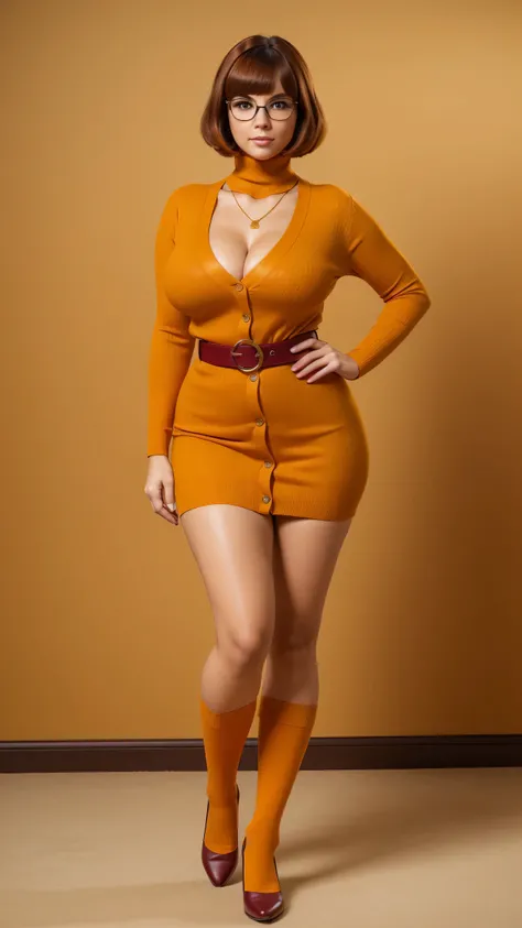 ((masterpiece, best quality, ultra-detailed, ultra-HD, photorealistic, cinematic)), (wide camera shot, full body view:1.5), (sensual pose, standing), (alluring and voluptuous female as Velma Dinkley:1.2), tight and thin yellow pants, perfect anatomy, perfe...