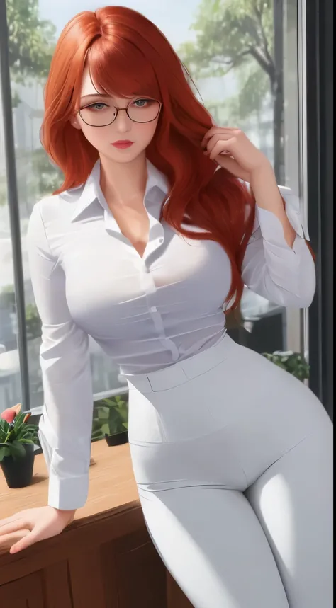 /draw (masterpiece, best quality), 8k, ultra-detailed, realistic photo, detailed face, perfect illumination, beautiful eyes, bright ginger hair, bright hair, beautiful legs, side photo, beautifull, cute, skin pores, 1girl, standind in office, hiking, offic...