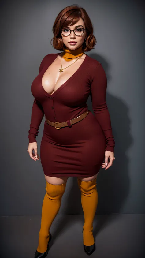 ((masterpiece, best quality, ultra-detailed, ultra-HD, photorealistic, cinematic)), (wide camera shot, full body view:1.5), (sensual pose, standing), (alluring and voluptuous female as Velma Dinkley:1.2), perfect anatomy, perfect face, proportioned hands, ...