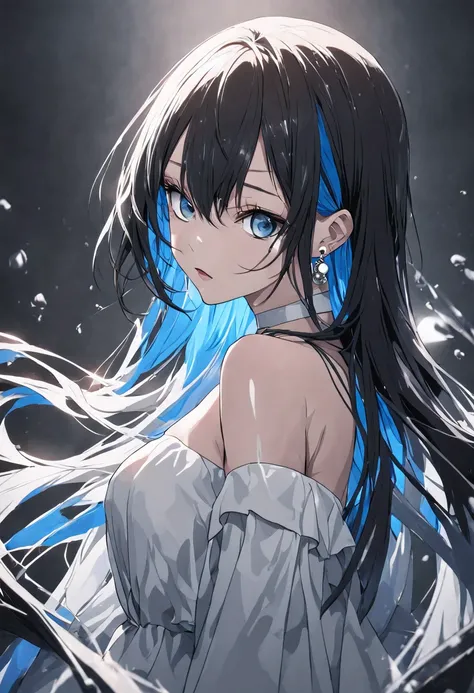 8k wallpaper, masterpiece, movie lighting, best quality, illustration, dramatic angle, ((color: 1.1)), ((color inner hair: 1.4)), 1girl, solo, long hair, water, blue eyes, black glasses, choker, parted lips, white choker, liquid hair, black hair, bangs, fr...