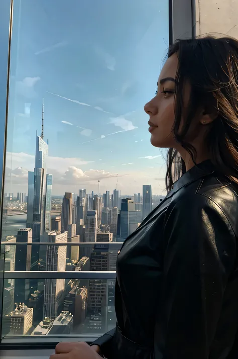 beautiful women looking into the distance of a city with tall skyscrapers