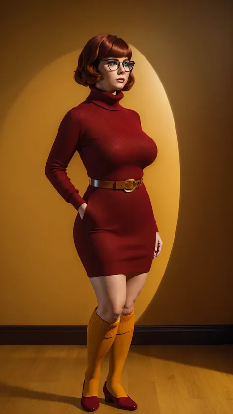 ((masterpiece, best quality, ultra-detailed, ultra-HD, photorealistic, cinematic)), (wide camera shot, full body view:1.5), (sensual pose, standing), (alluring and voluptuous female as Velma Dinkley:1.2), perfect anatomy, perfect face, proportioned hands, ...