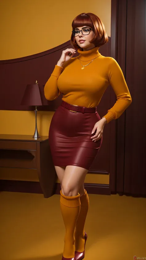 ((masterpiece, best quality, ultra-detailed, ultra-HD, photorealistic, cinematic)), (wide camera shot, full body view:1.5), (sensual pose, standing), (alluring and voluptuous female as Velma Dinkley:1.2), perfect anatomy, perfect face, proportioned hands, ...