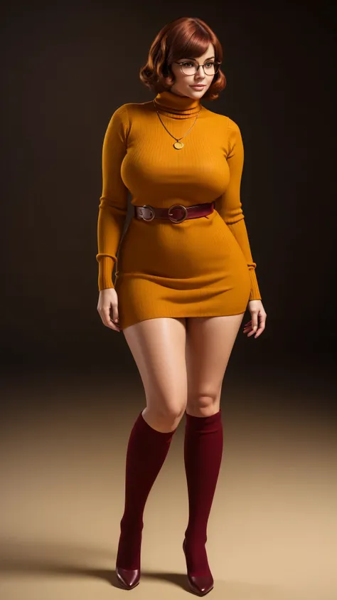 ((masterpiece, best quality, ultra-detailed, ultra-HD, photorealistic, cinematic)), (wide camera shot, full body view:1.5), (sensual pose, standing), (alluring and voluptuous female as Velma Dinkley:1.2), perfect anatomy, perfect face, proportioned hands, ...