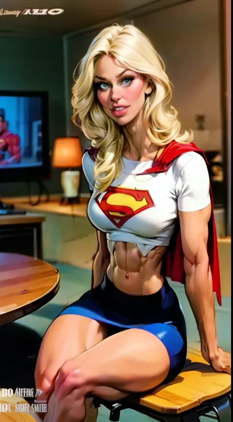 (platinum blonde hair), Digital illustration, cover comic in 1990s style marvel comics, VFX , digital drawing, (Melissa benoist face),sitting on a chair in a room, instagram model, Thick and shapely thighs and legs, ((under boob:1.2)), blue school skirt...