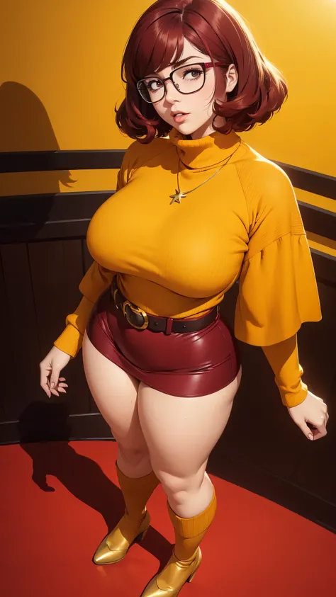 ((masterpiece, best quality, ultra-detailed, ultra-HD, photorealistic, cinematic)), (wide camera shot, full body view:1.5), (sensual pose, standing), (alluring and voluptuous female as Velma Dinkley:1.2), perfect anatomy, perfect face, proportioned hands, ...