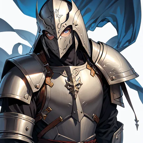 anime, masterpiece, best quality, by professional artist, male, 1man, solo, upper body , detailed composition, detailed eyes, plain white background, medieval fantasy, armored knight with helmet covering his head and face, kings guard