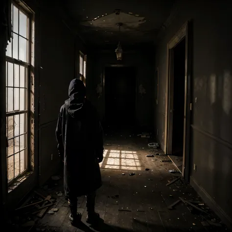 Meisterwerk, verlassenes Haus, dunkle Farben, viele Schatten, schwach beleuchteter Raum, Post-apokalyptischen, eine Silhouette einer weit entfernten Person, Tragen Sie lange Kleidung mit einer Kapuze, die den Kopf bedeckt, The walls are cracked, Der Boden ...