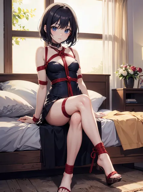 (masterpiece, highest quality:1.2), 1 girl, alone, anime girl sitting on bed，crossed legs, seductive anime girl, Small curvaceous ,, cute anime girl，Rope bondage SM bondage，binding
