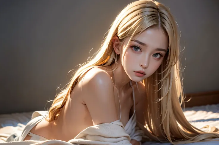 ((best quality)), (half body shot), best quality, a beautiful solo 18-year-old woman is kneeling on the floor facing viewer, her lustrous long blonde hair cascades over her shoulders, she is wearing a short white robe open in the front, small breasts and s...