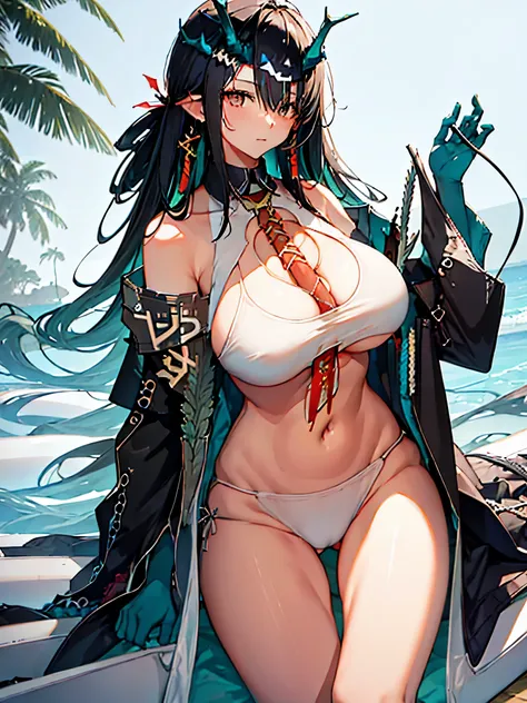 White bikini swimsuit、woman in her 20s、(((huge breasts)))、Highest image quality、highest quality、Slim body type