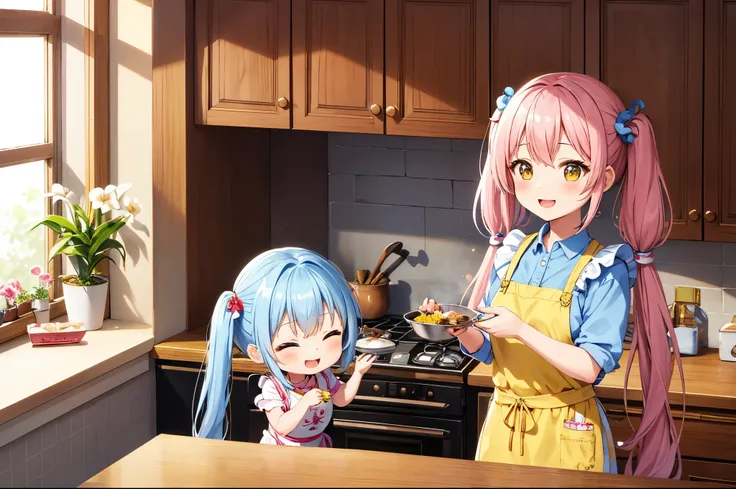 There is a chibi character、I also have a pet dog、Kitchen full of orchid flowers by the window、chibi character girl、light blue long hair、Hair style is twin tails、A happy smile、yellow costume and apron、Making big Valentine&#39;s chocolates、