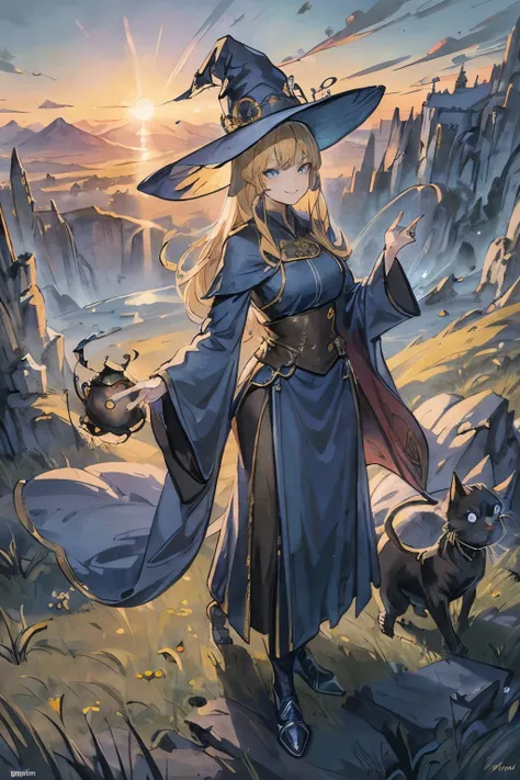 8k wallpaper, masterpiece, movie lighting, Beautiful female wizard, tall, yellow hair, blue eyes, blue robes, detailed face, full body, medieval, fantasy, action pose, large witch hat, smile, Sunset, grasslands background, pet black cat, casting magic.