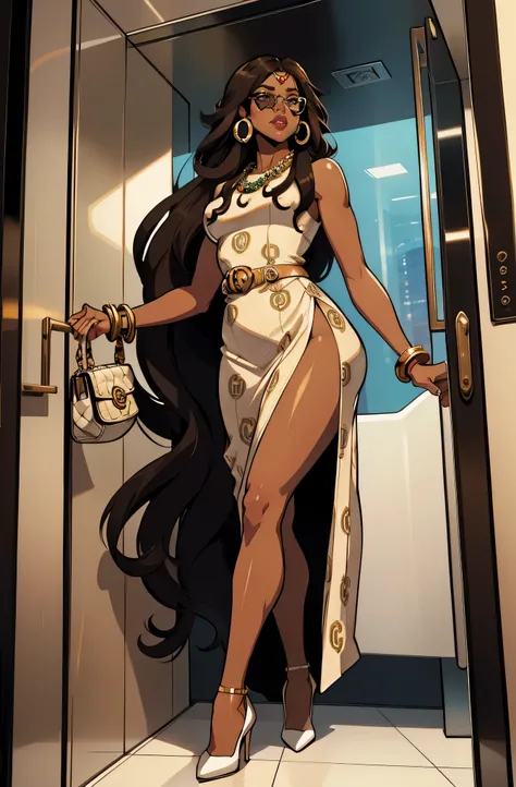 selfie in elevator w hotel london  (a 35 year old woman) brown skin, solo, 1 girl, portrait, african long hair, super detailed, modern style, direct look, full body wearing white gucci  dress and chanel sunglasses