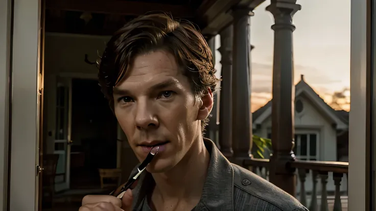 Benedict Cumberbatch close-up on the second floor balcony., Detached house, holding a lit cigarette in his hands. The camera focuses on his face, feigning a mixture of curiosity and concern. main character&#39;eyes narrowed, when he hears distant screams, ...