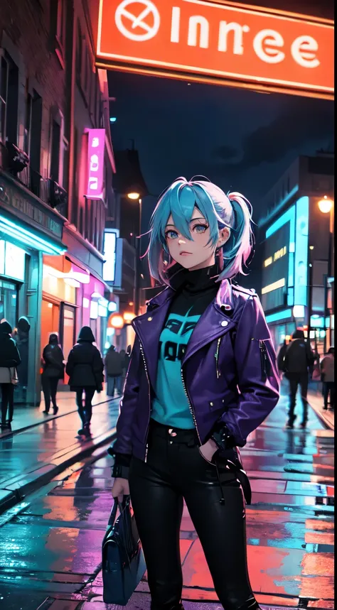 nigth scene in  london streets, blue, grey, violet, orange, cyan palette, girl with pink hair and black leather punk jacket, muted colors with, turquesse and orange rim ligths, 2d colors