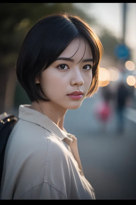 (8K、RAW photo、highest quality、masterpiece:1.2)、(realistic、Photoreal:1.37)、1 girl、（Japanese、beautiful young woman）、career woman、short hair、dark grey HAIR、black eye、Rugged face、white shirt、Jacket、((Female version of Dirty Harry))、have a handgun、Hunt down sus...