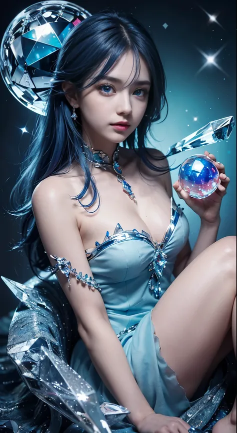 （and soul）（secondary elements）1 girl、blue hair、hair length、blue eyes、gradient eyes、sparkling eyes、bright pupils、finely tuned、expressive eyes、blue clothes、gem、Blue lighting、blue theme、（foams：1.5）、abstract、best quality、super detailed、(((Holding a crystal bal...