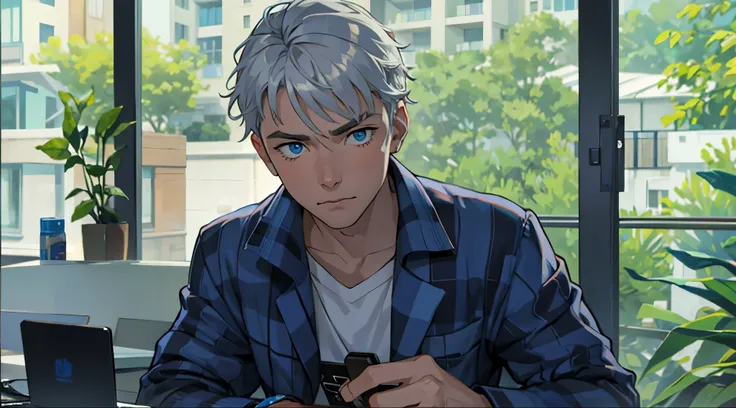 A young city man, 16 years old, silver hair, blue eyes, checks his cell phone, tries to remember something.