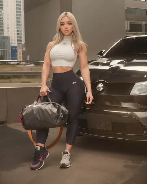 alisa ilinichina amiella in a white crop top and legging stands next to a sports car,  apta, legging preta, modelo de fitness, k...