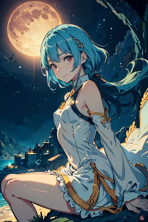 8k wallpaper, masterpiece, movie lighting, medieval setting, Beautiful female knight with long sky blue hair and red eyes walking on a winding road with a smile on her face, sunrise with clear skies background, Masterpiece, two characters, sitting atop a g...