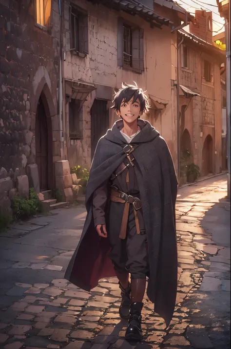 young teen adventurer walking on a medieval town smiling with a gray cloak and daggers on his waist, sunset with cinematic lighting